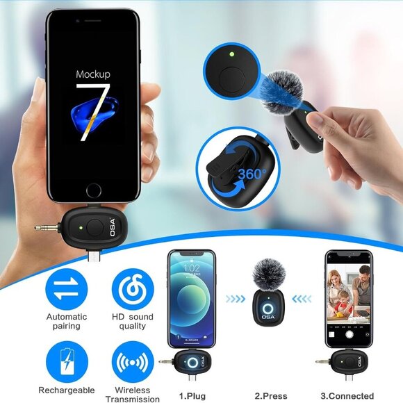 Wireless Lavalier Microphone,3 in 1 Mini Wireless Microphone w/ Noise Reduction - Picture 4 of 10